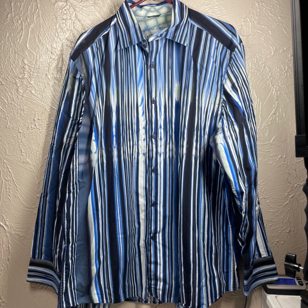 Jhane Barnes Blue White Long Sleeve Button Up Trim Fit Striped Shirt Mens XL